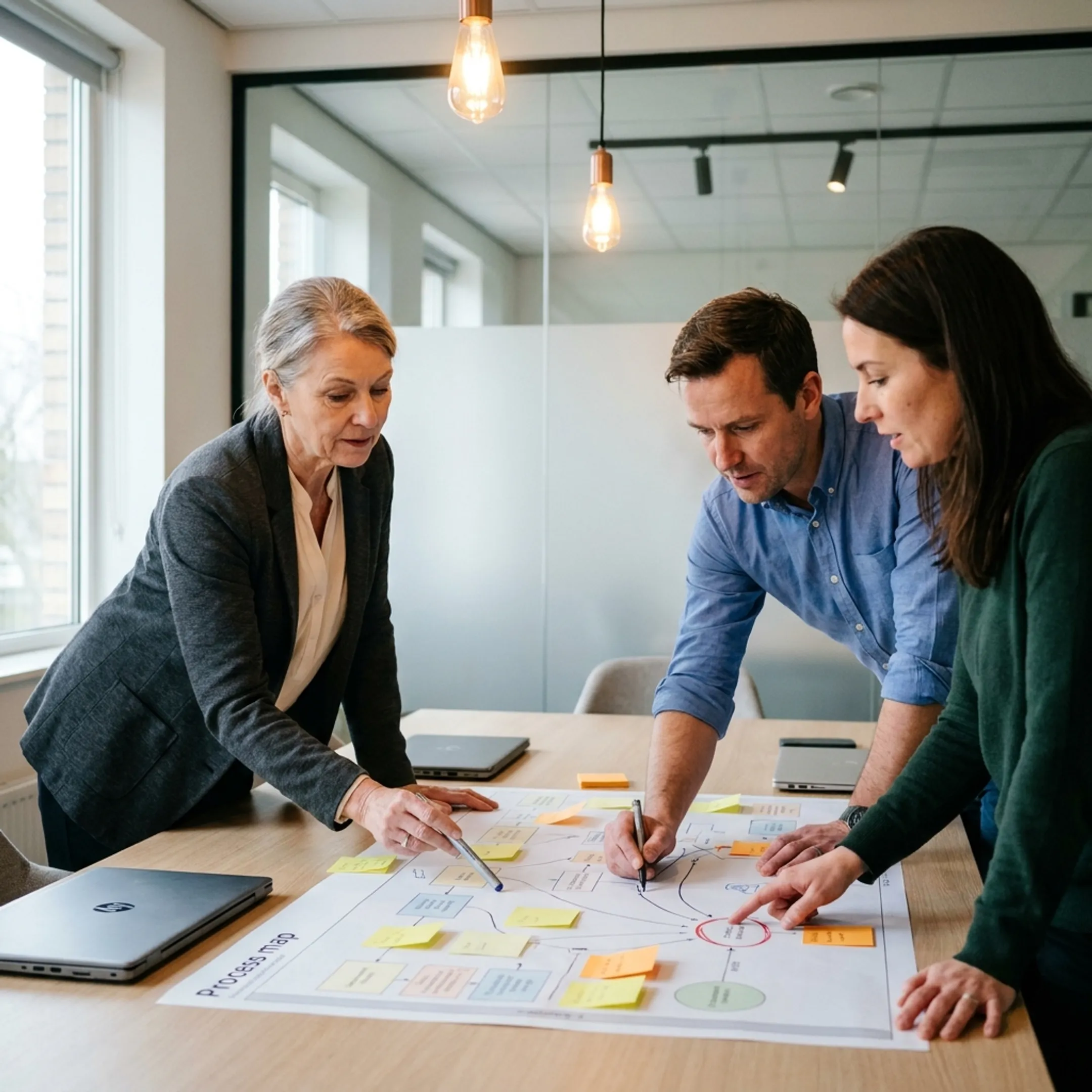 Operators reviewing a business process map and assigning workflow ownership