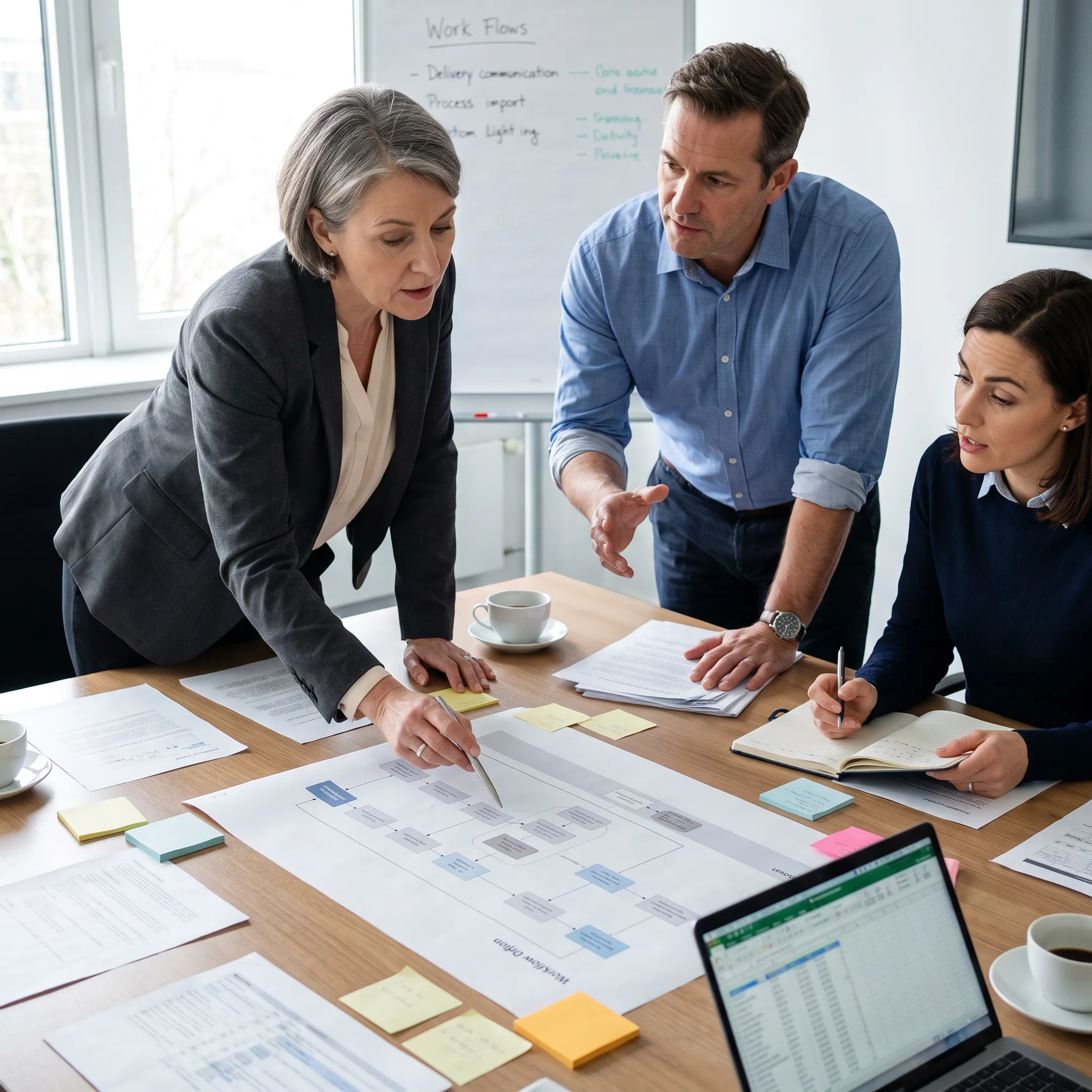 Senior operators mapping business processes with a founder in a collaborative meeting