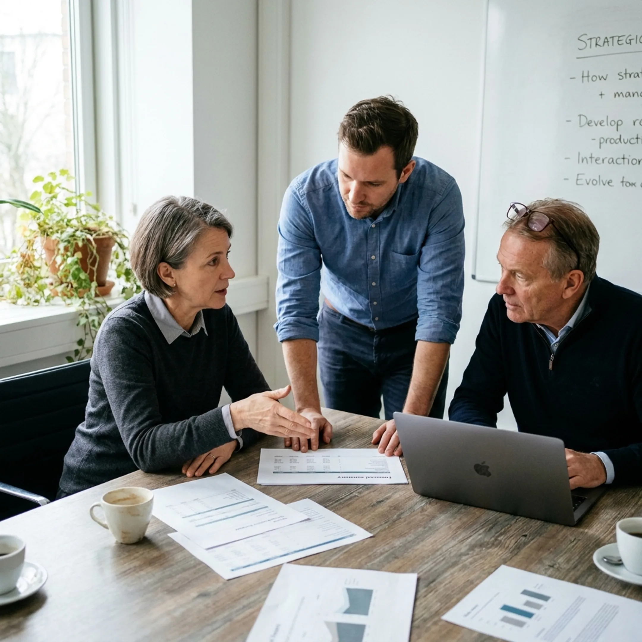Consultants analyzing business priorities with founders