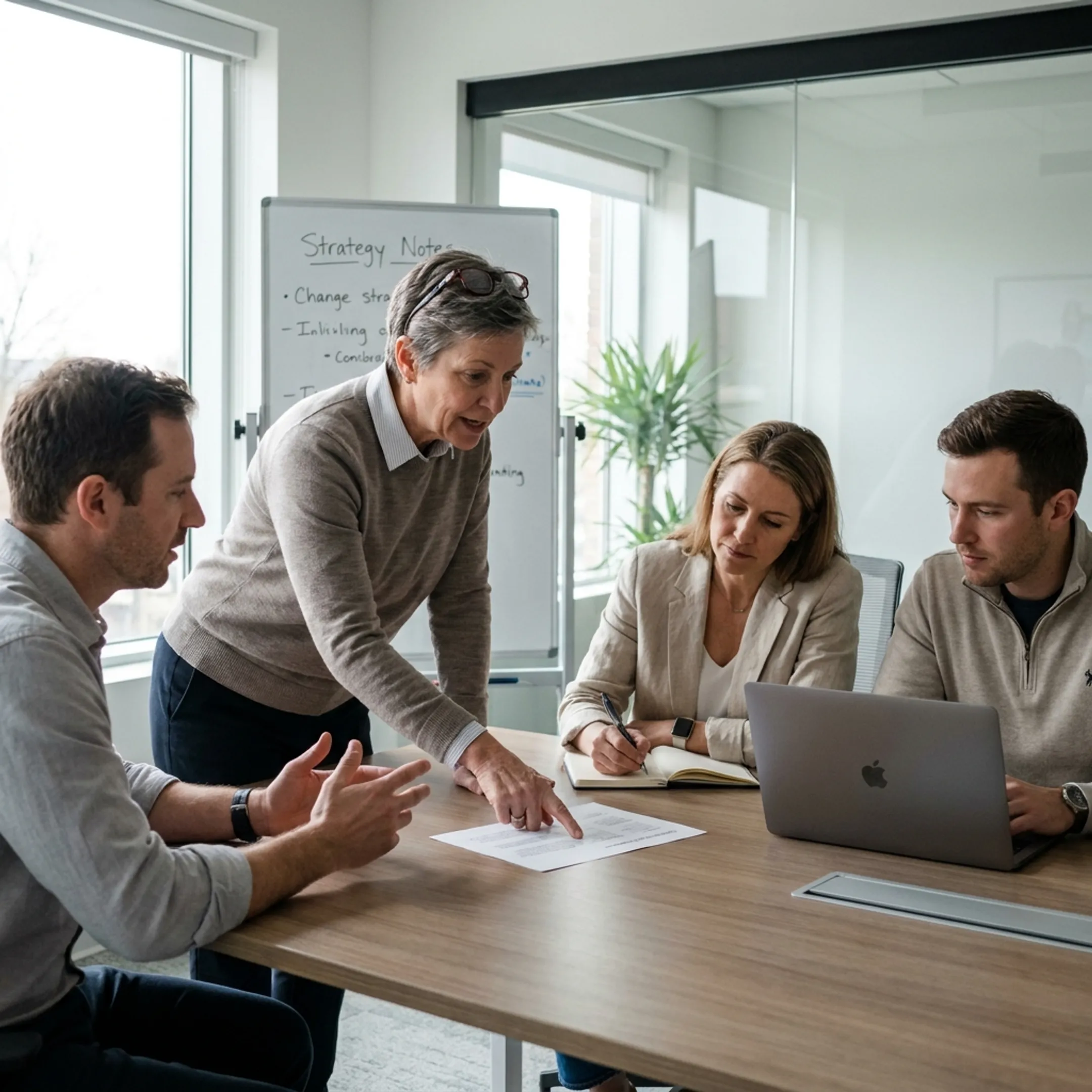 Business operator leading a strategy discussion with a company leadership team