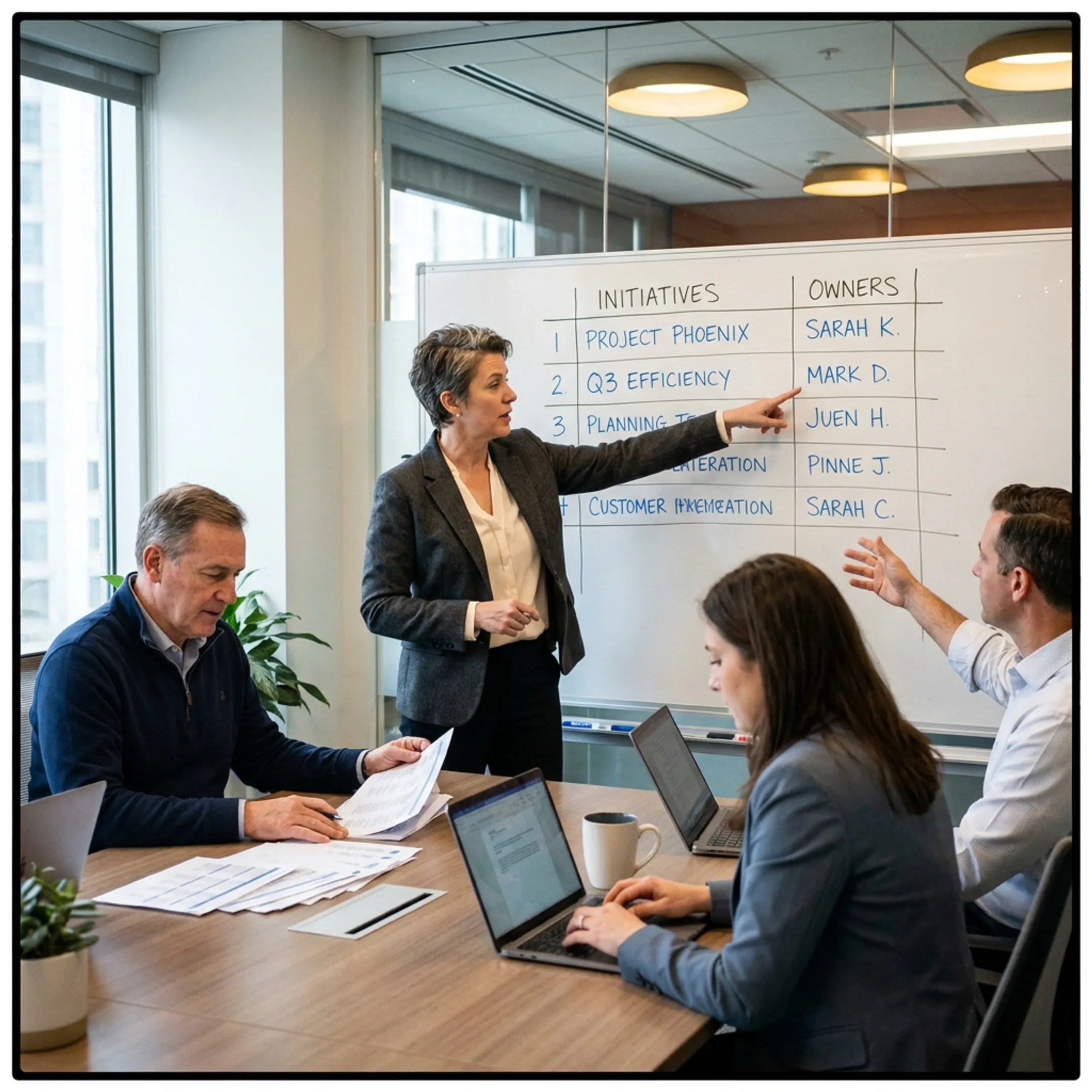 Interim COO reviewing an operating plan with company leadership