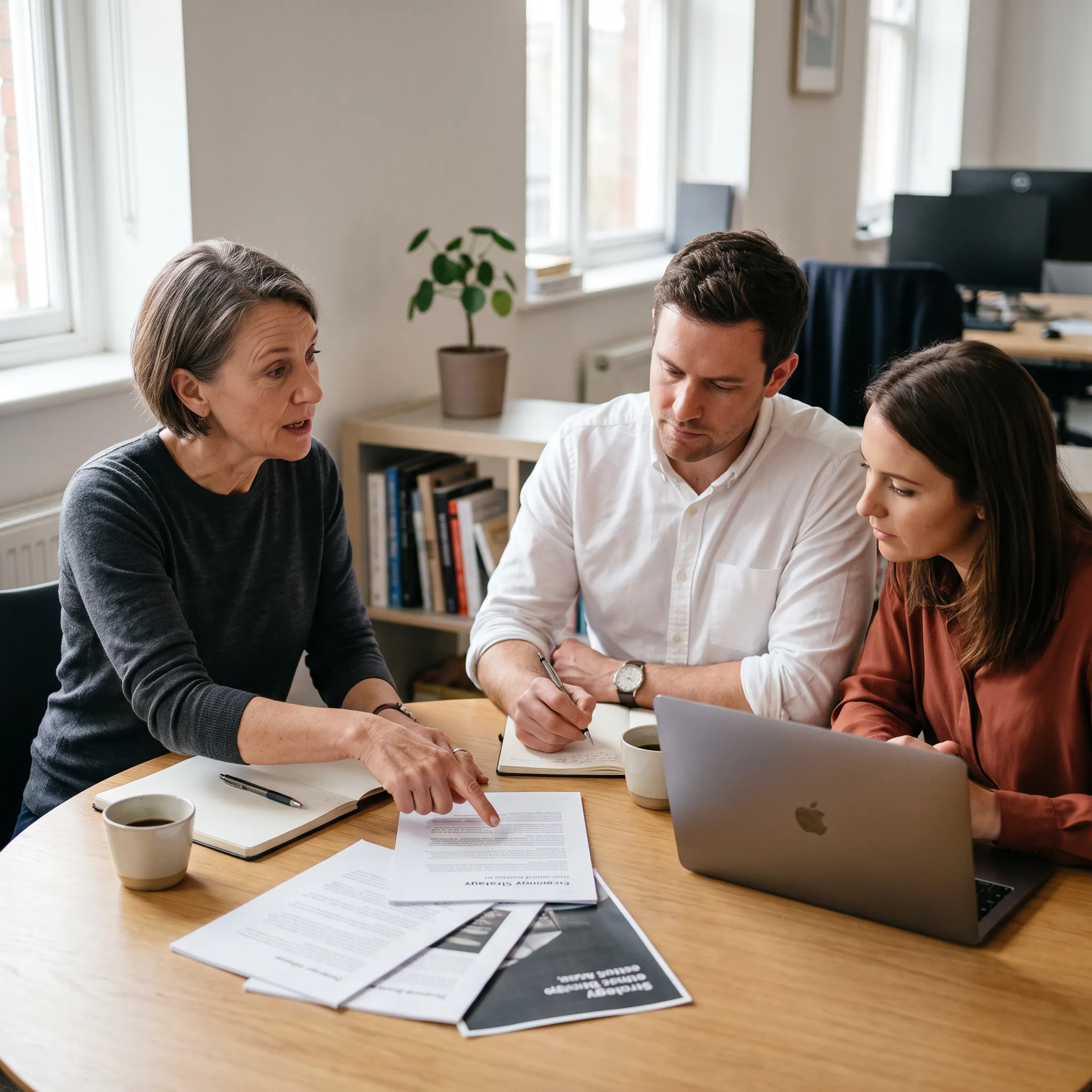 Senior operator collaborating with startup founders in a modern meeting
