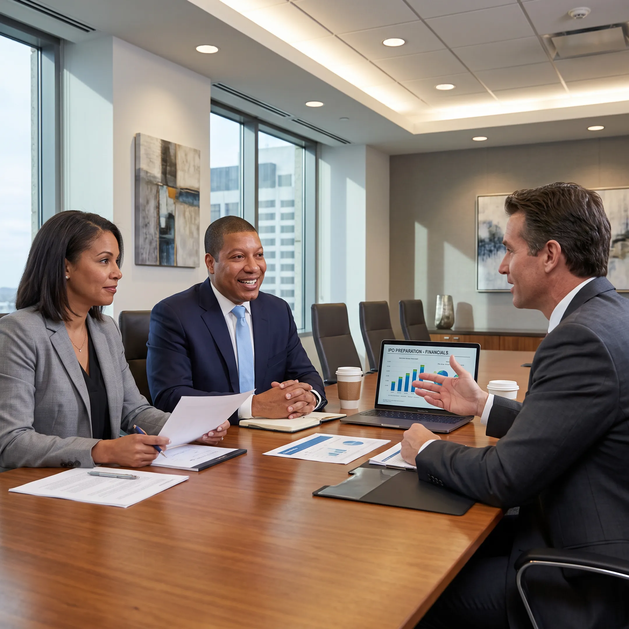 Operating advisor and leadership team discussing IPO priorities