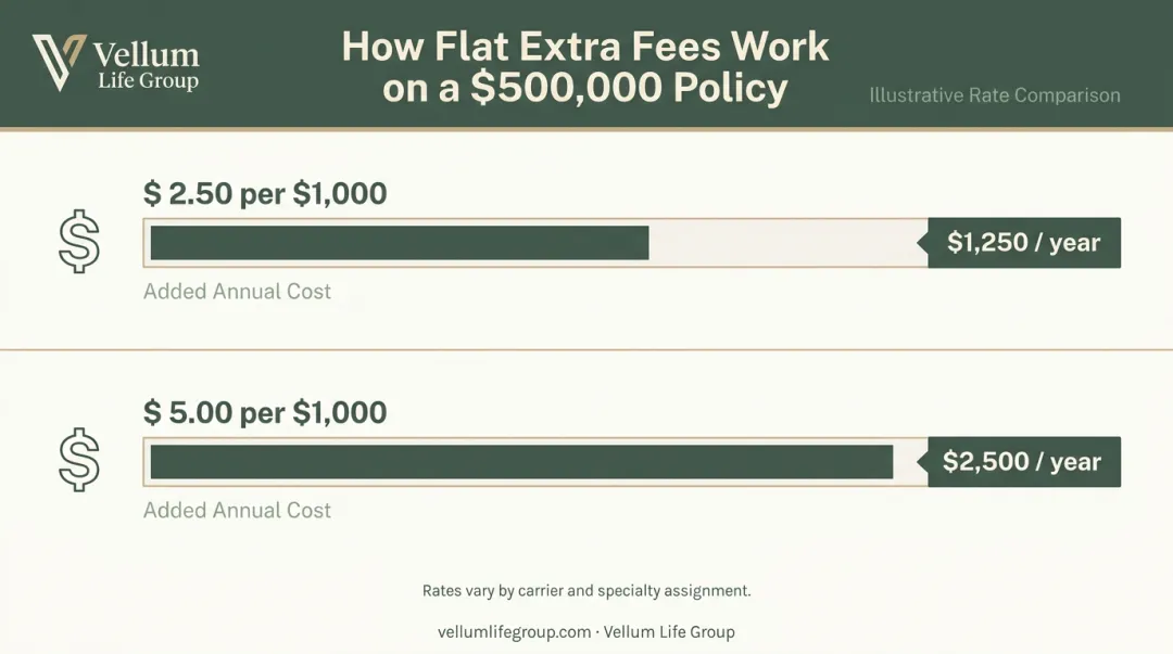 Flat extra fee annual cost calculation on 500000 police life insurance policy
