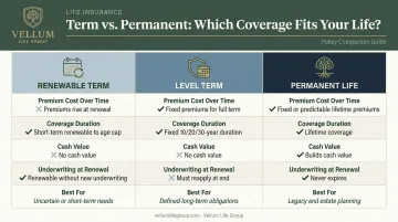 Renewable term versus level term versus permanent life insurance three-way comparison chart