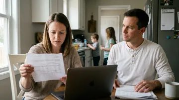 Family reviewing household finances at kitchen table after sudden income loss