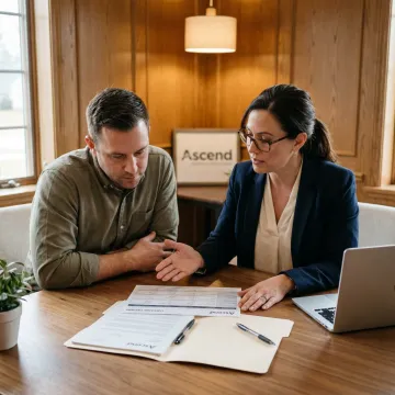 Advisor guiding a business owner through insurance paperwork