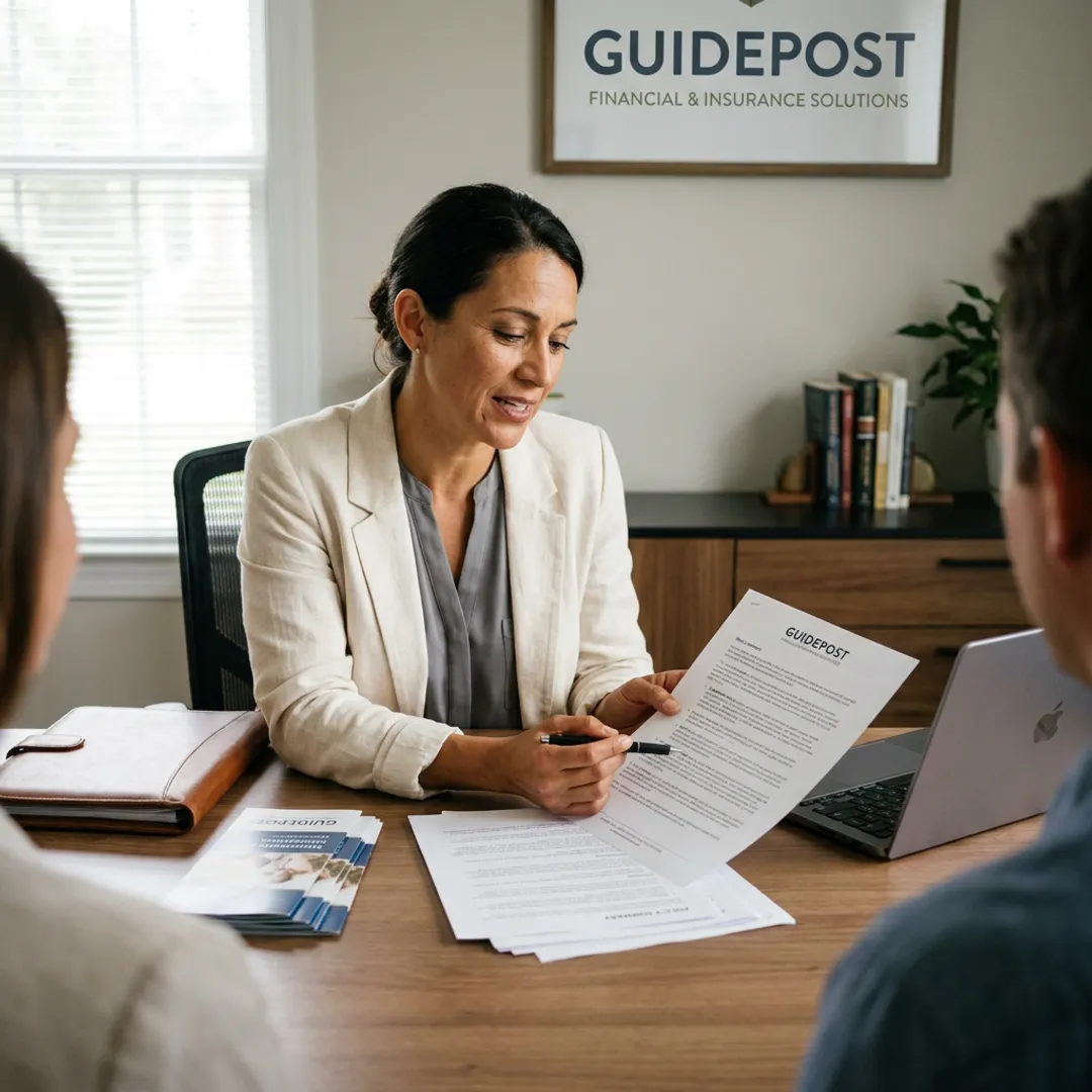 Insurance advisor reviewing coverage options and policy documents