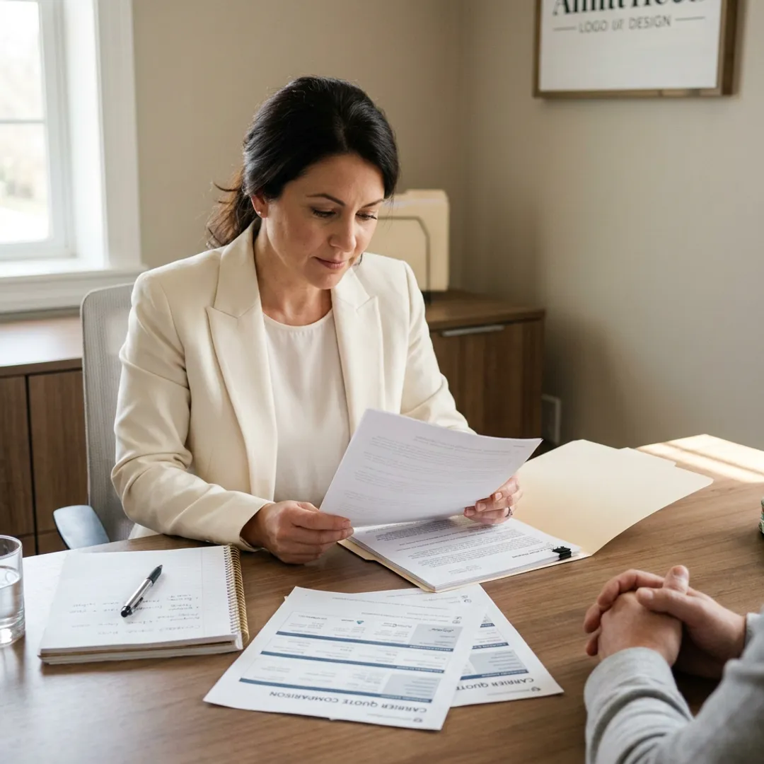 Advisor comparing whole life insurance quotes and application forms