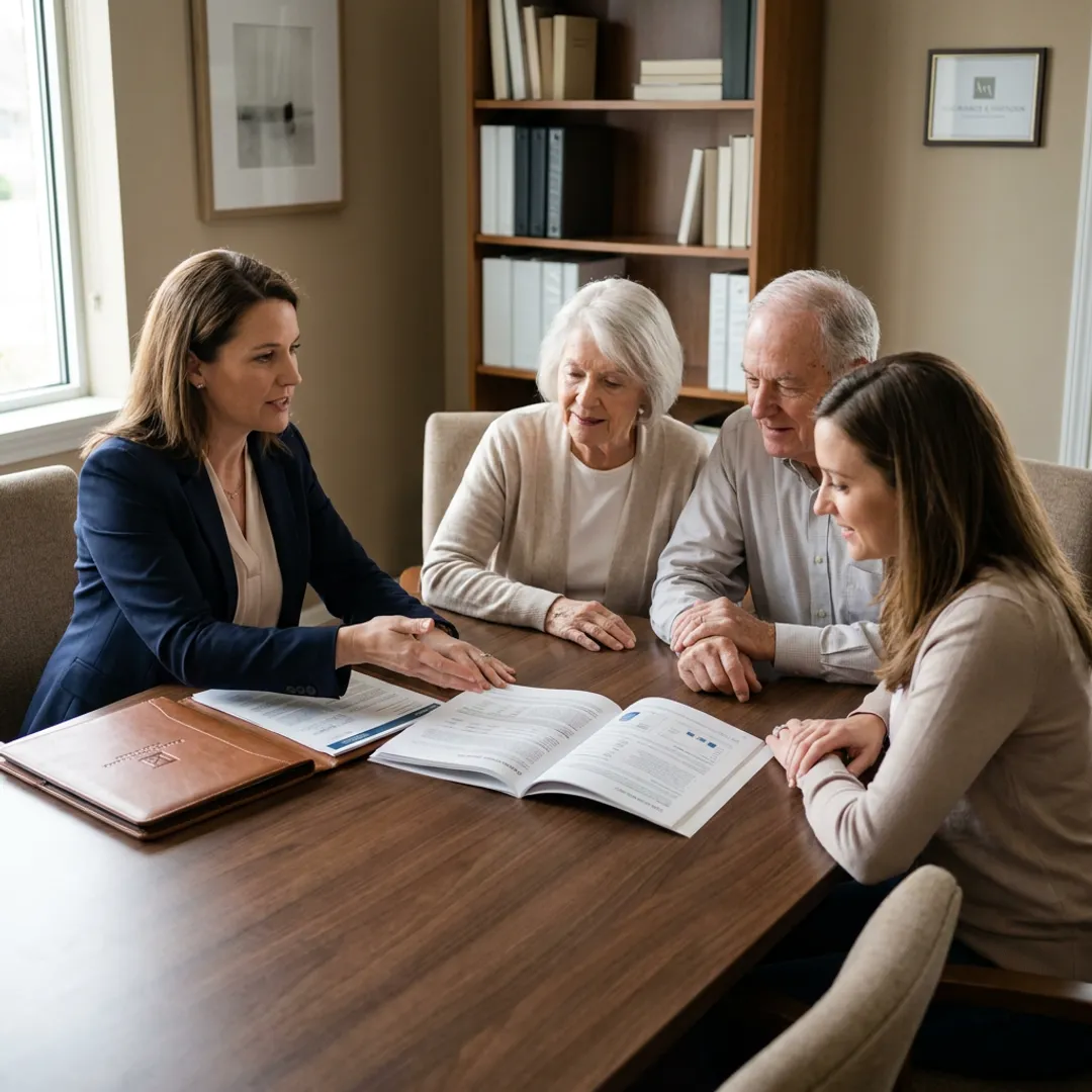 Advisor helping family compare parent life insurance policies