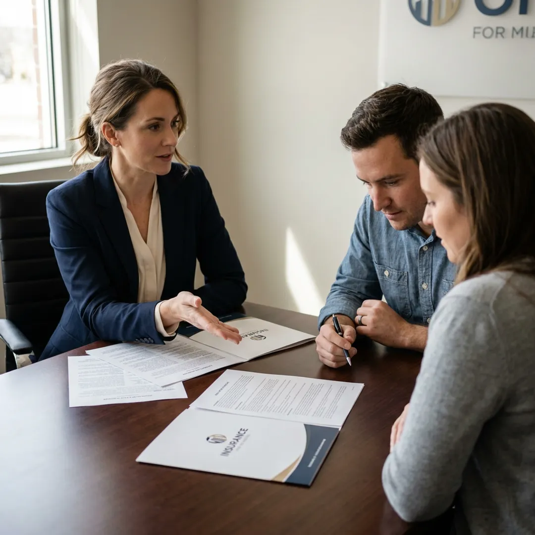Insurance advisor explaining life insurance process to a family