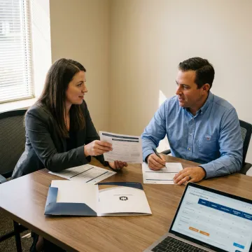 Insurance advisor explaining benefits enrollment to a business owner