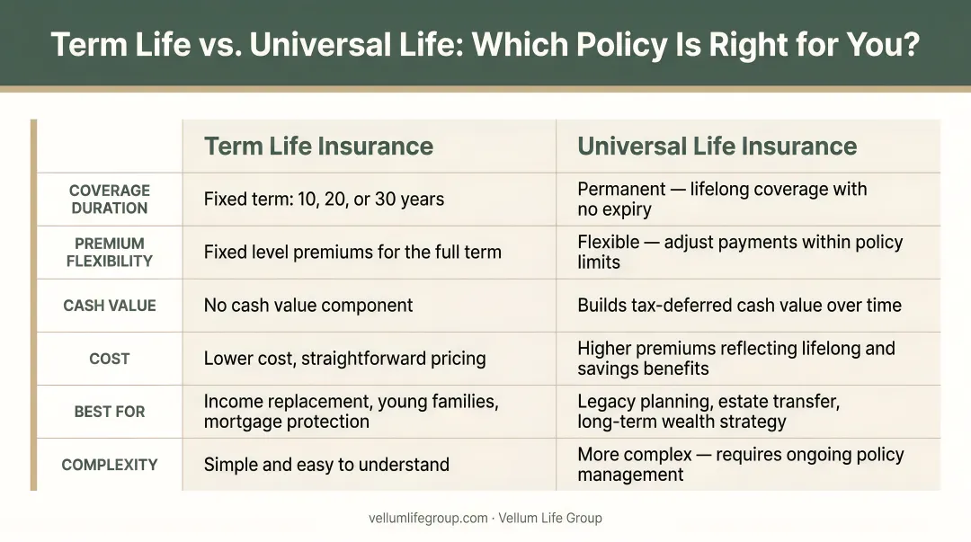 Term life versus universal life insurance six-factor side-by-side comparison chart