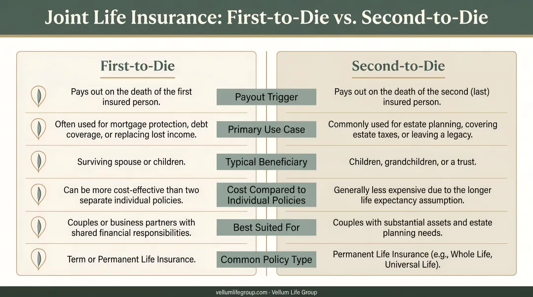 First-to-die versus second-to-die joint life insurance comparison chart