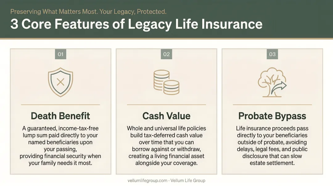 Three core features of legacy life insurance death benefit cash value probate bypass