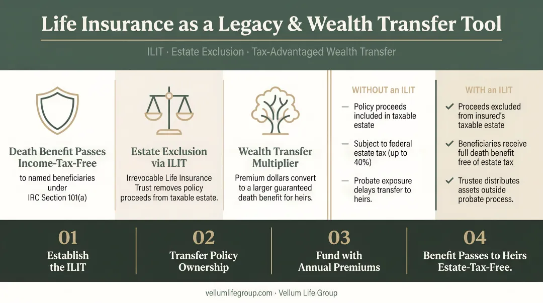 Legacy life insurance tax benefits ILIT estate exclusion wealth transfer comparison infographic