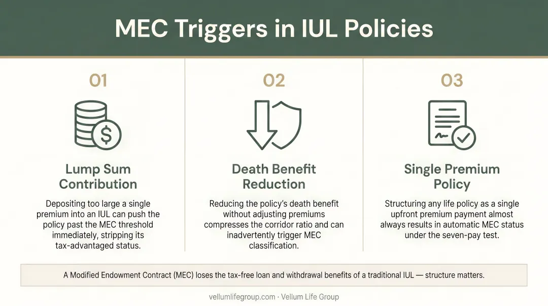 Three common IUL MEC triggers lump sum benefit reduction single premium policy