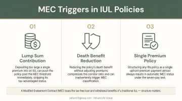 Three common IUL MEC triggers lump sum benefit reduction single premium policy