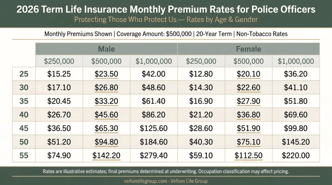 2026 term life insurance monthly premium rates for police officers by age and gender