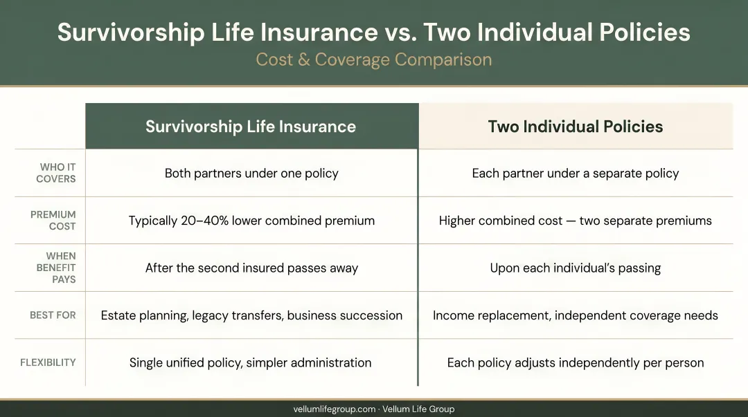 Survivorship versus two individual life insurance policies cost and coverage comparison