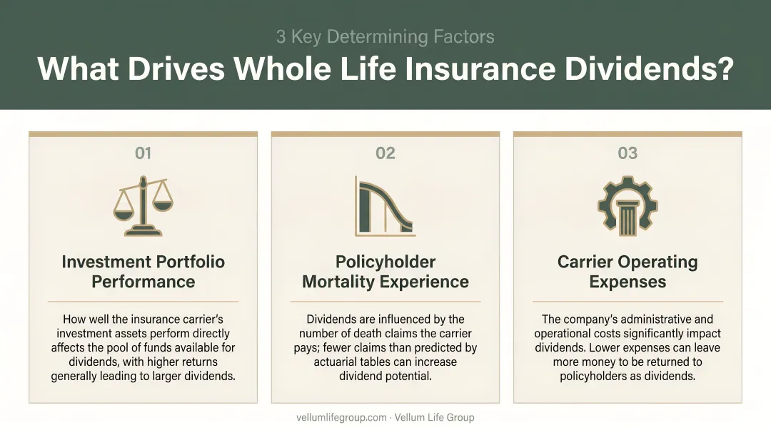 Three key factors driving whole life insurance dividend determination infographic