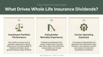 Three key factors driving whole life insurance dividend determination infographic
