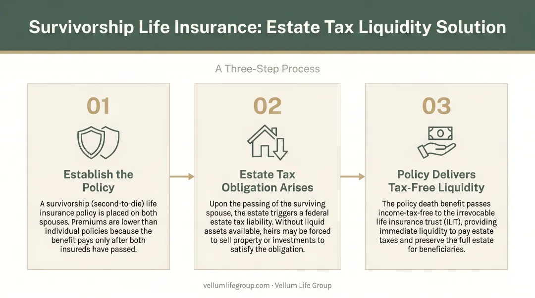 Survivorship life insurance estate tax liquidity solution three-step process infographic
