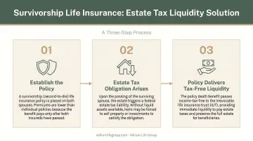 Survivorship life insurance estate tax liquidity solution three-step process infographic
