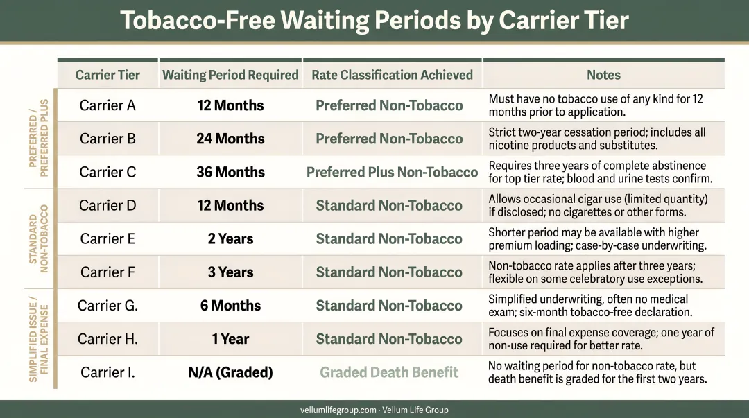 Tobacco-free waiting periods by carrier tier required to qualify for non-smoker rates