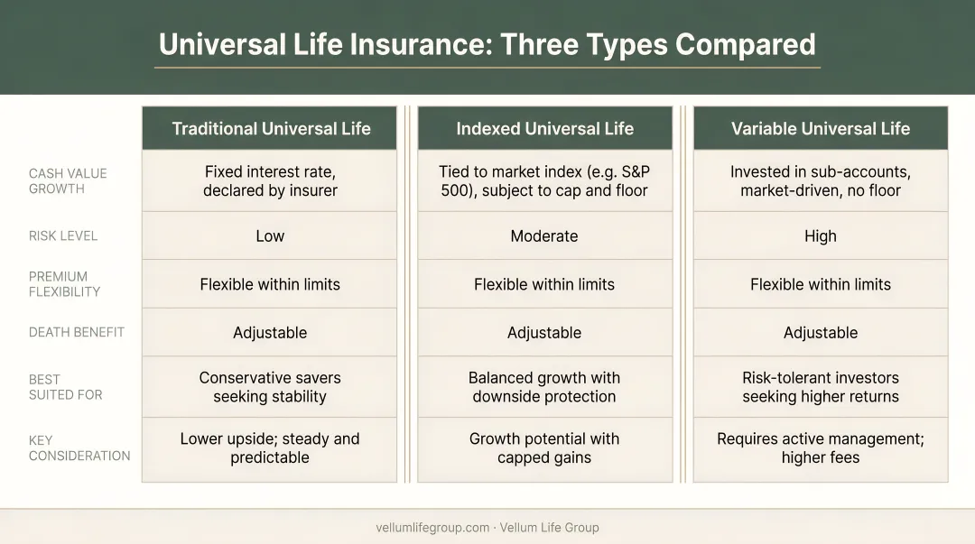 Three types of universal life insurance traditional indexed and variable comparison