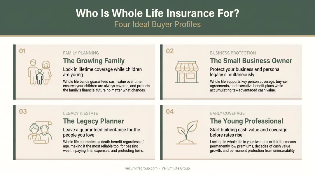 Four ideal whole life insurance buyer profiles illustrated use case infographic