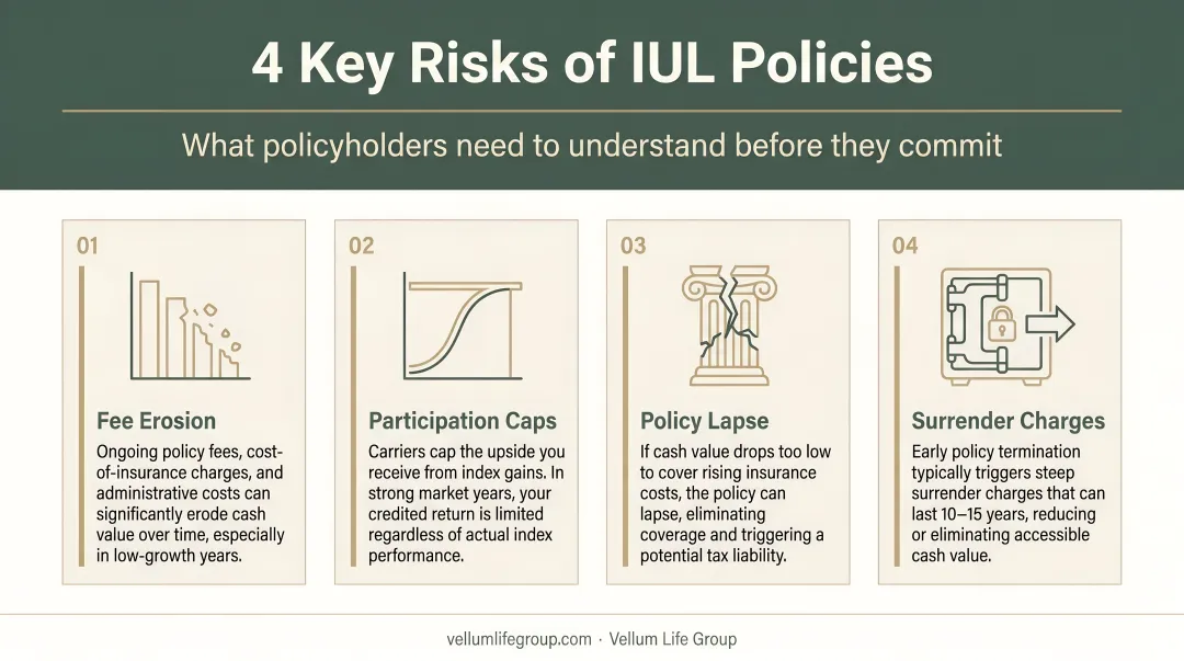 Four key IUL policy risks fee erosion caps lapse and surrender charges breakdown
