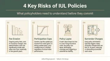 Four key IUL policy risks fee erosion caps lapse and surrender charges breakdown