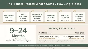 Probate process timeline showing average duration and attorney cost breakdown