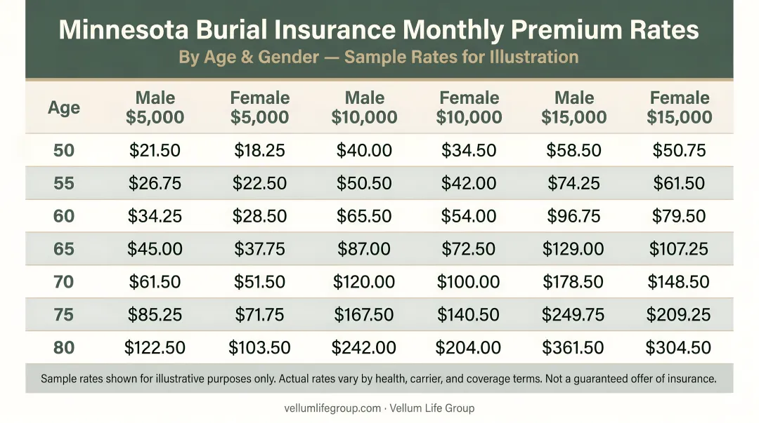 Minnesota burial insurance monthly premium rates by age and gender comparison chart