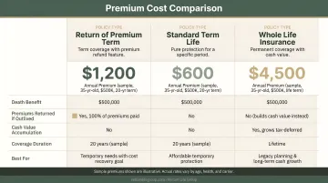 ROP versus standard term versus whole life insurance annual premium cost comparison chart