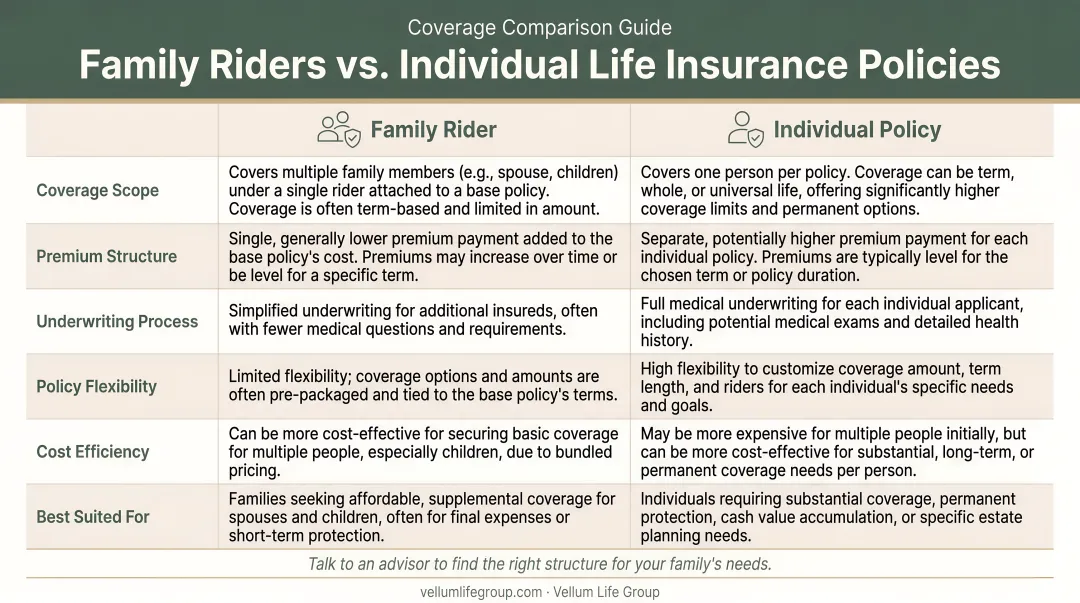 Family riders versus individual life insurance policies side-by-side comparison chart