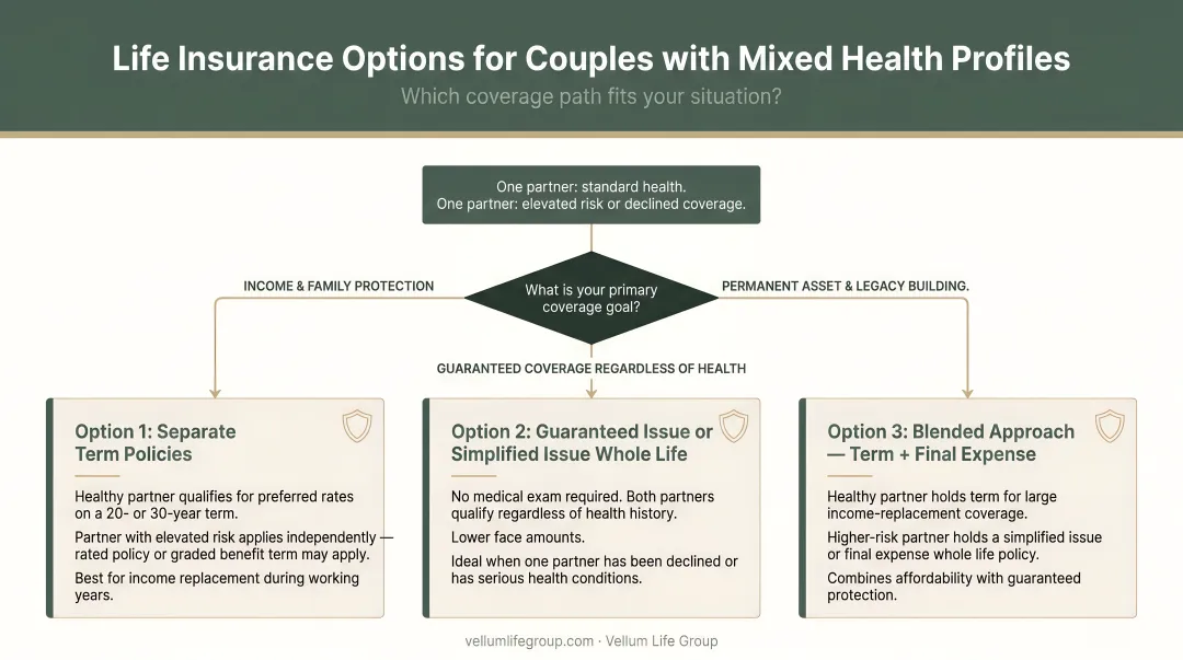 Three life insurance options for couples with mixed health profiles decision flowchart