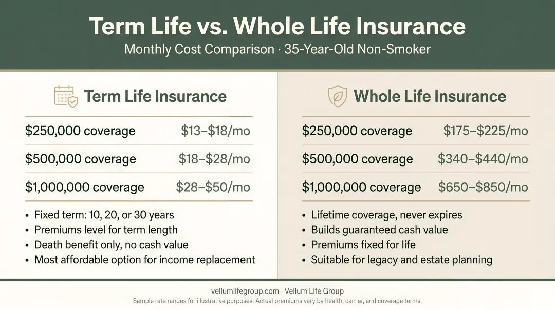 Term life versus whole life insurance monthly cost comparison for 35-year-old non-smoker