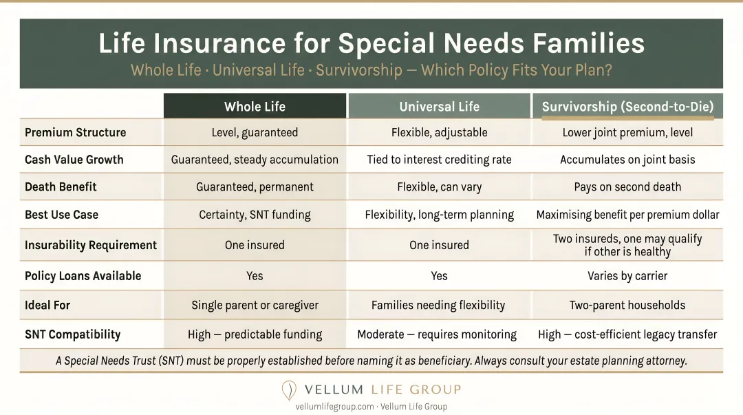 Whole life universal life and survivorship policy comparison chart for special needs families