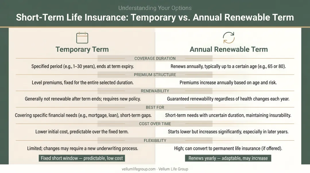 Two types of short-term life insurance temporary versus annual renewable term comparison