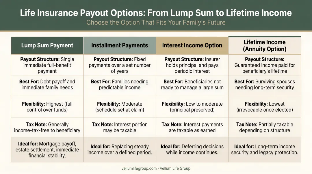 Four life insurance payout options comparison chart lump sum to lifetime income
