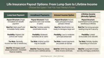 Four life insurance payout options comparison chart lump sum to lifetime income