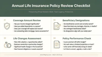 Four-area annual life insurance policy review checklist infographic