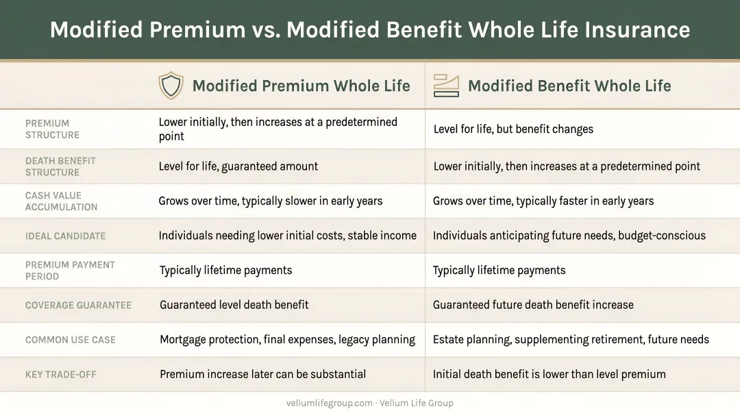 Modified premium versus modified benefit whole life insurance side-by-side comparison chart