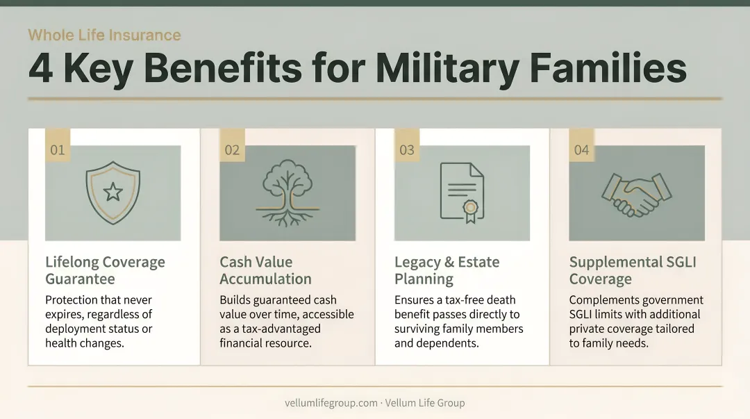 Four key whole life insurance benefits for military families infographic