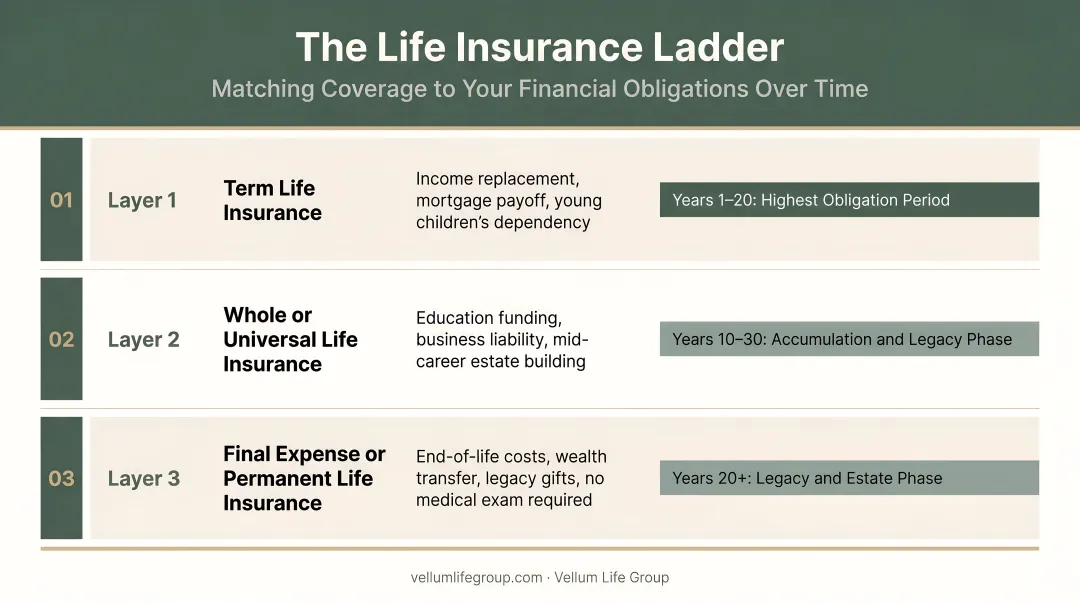 Three-layer life insurance ladder matching policies to financial obligations timeline