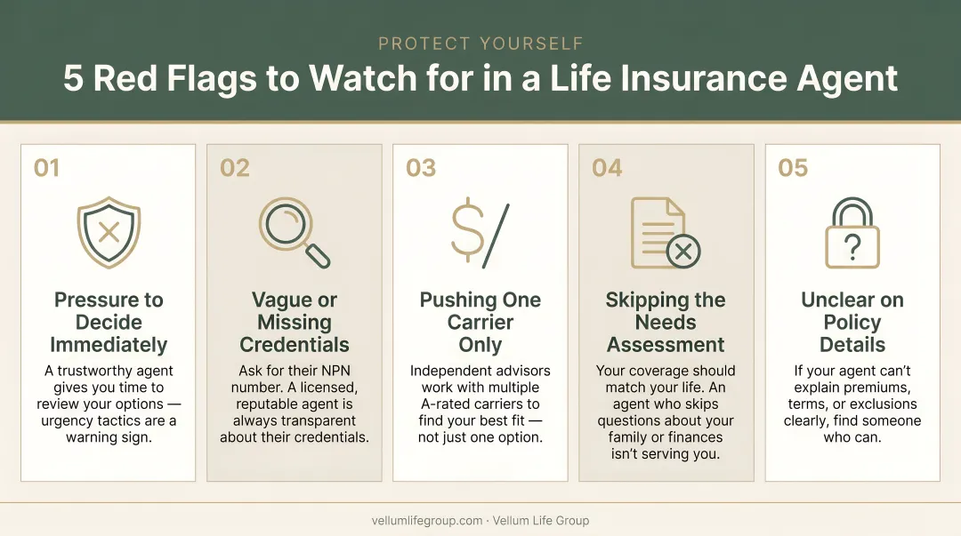 Five life insurance agent red flags warning signs to avoid infographic