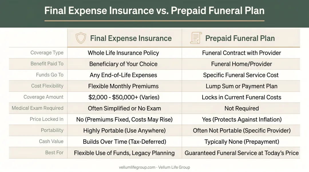 Final expense insurance versus prepaid funeral plan side-by-side feature comparison chart