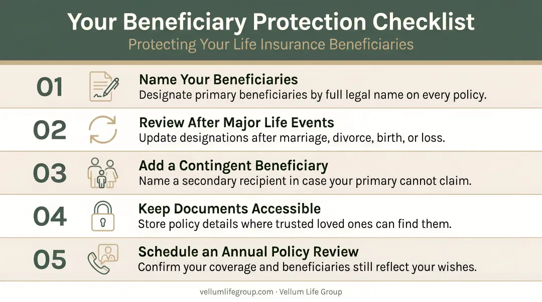 5-item policyholder checklist for protecting life insurance beneficiaries infographic
